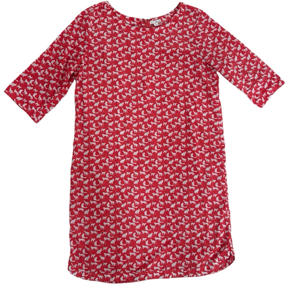Gap Women's Cat Print Shift Dress 3/4 Sleeve Coral Orange Size Medium